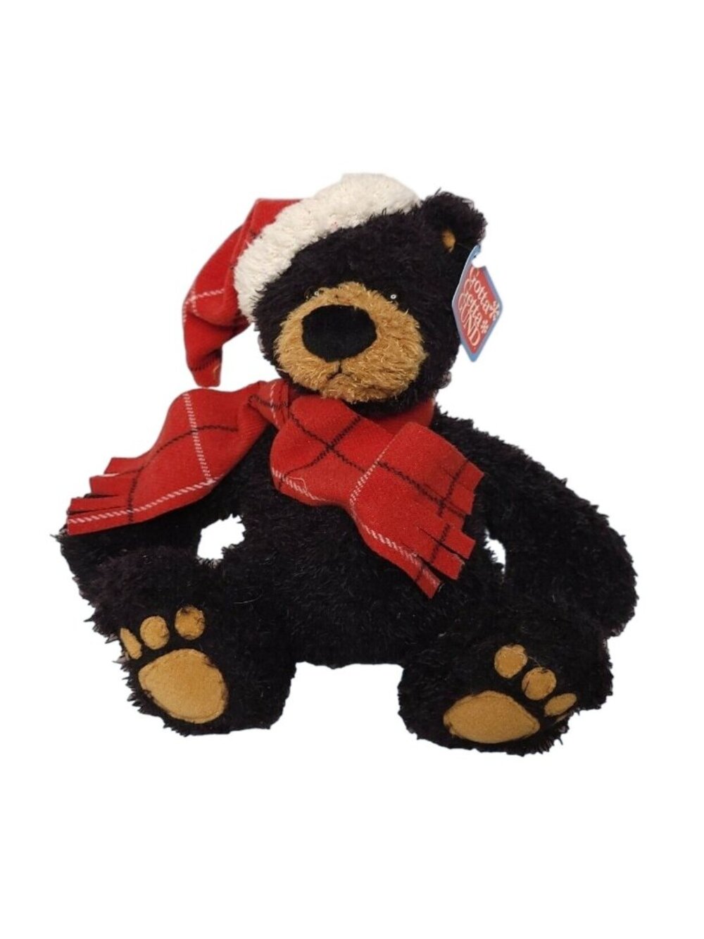 Vintage Gund Cole Black Teddy Bear With Red Plaid Scarf & Santa Hat 8 Inch Plush